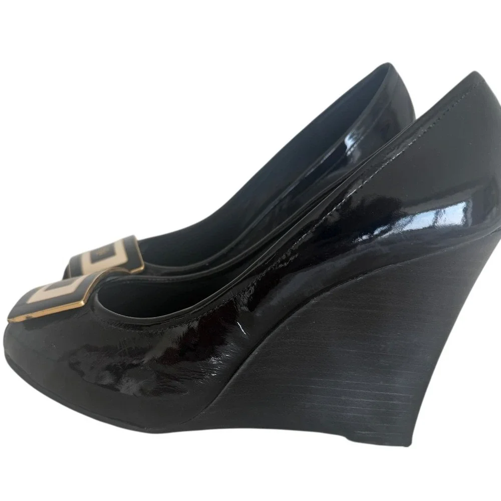 VTG Tory Burch Black Patent Leather Peep Toe Wedge Platform Pumps Women's 10M